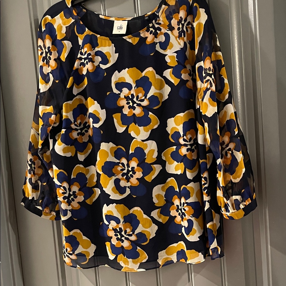 CAbi Navy Floral Blouse with Yellow, White & Royal Blue Flowers